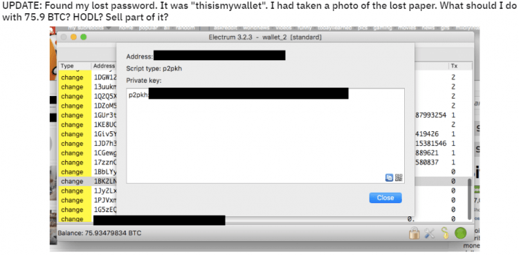 Reddit lietotājs atradis pirms trīs gadiem pazaudētu maku ar 75 bitkoiniem un tā paroli 8 Atrasto bitkoinu vērtība
