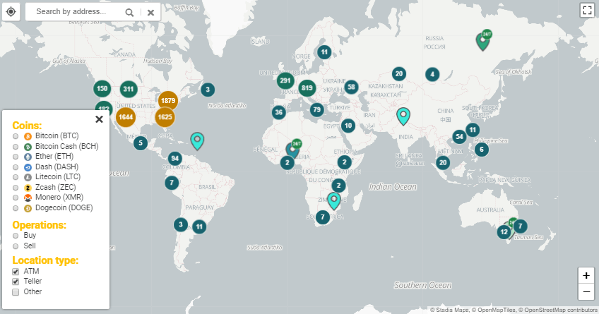Pasaulē uzstādīti vairāk nekā 7000 bitkoinu bankomātu 8 Tālāk kartē redzams, ka lielākā bitkoina bankomātu koncentrācija ir ASV