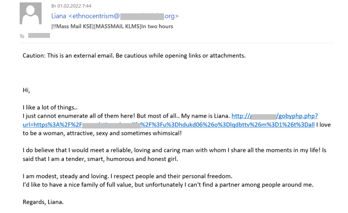 E-vēstules ar pikšķerēšanas saiti piemērs