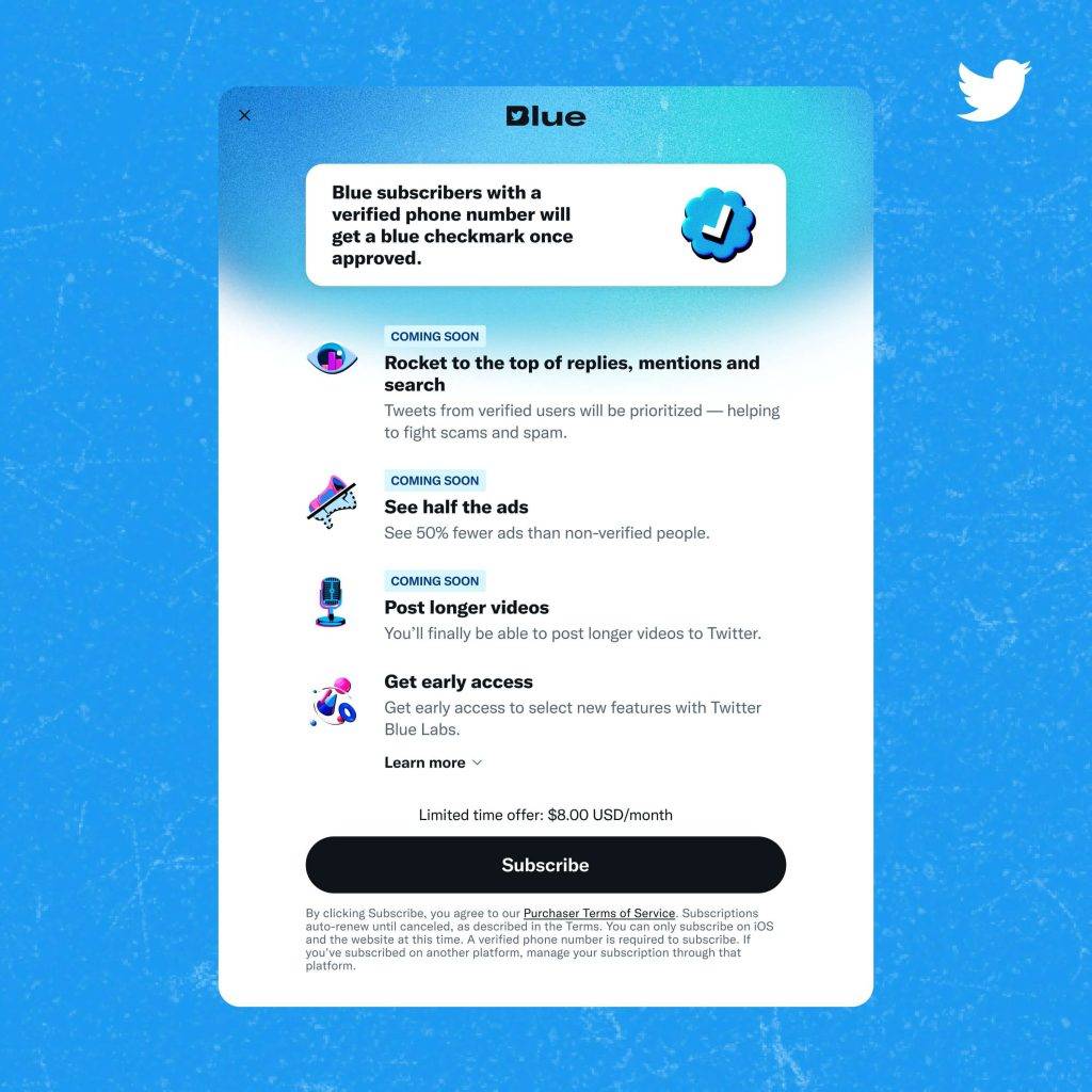 No rīdienas Twitter ievieš 8 USD vai 11 USD Blue abonementus