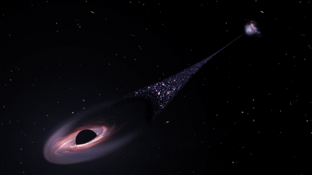 Supermasīvs melnais caurums ar 20 miljonu Sauļu lielu masu bēg no diviem citiem ar ātrumu vairāk nekā 1,5 miljoni km/h