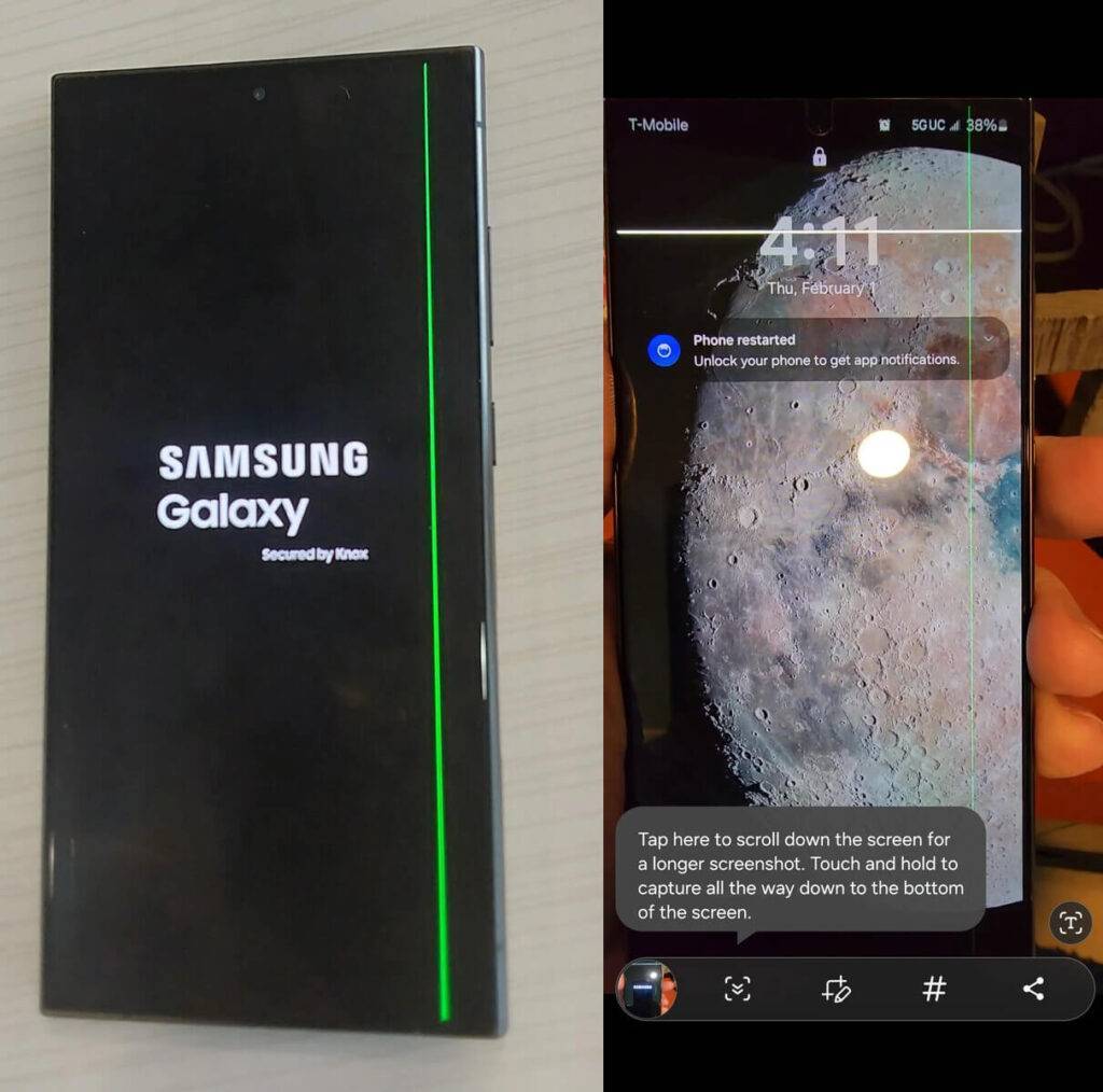 Lietotāji sūdzas: Samsung Galaxy S24 Ultra displejā parādās zaļa svītra