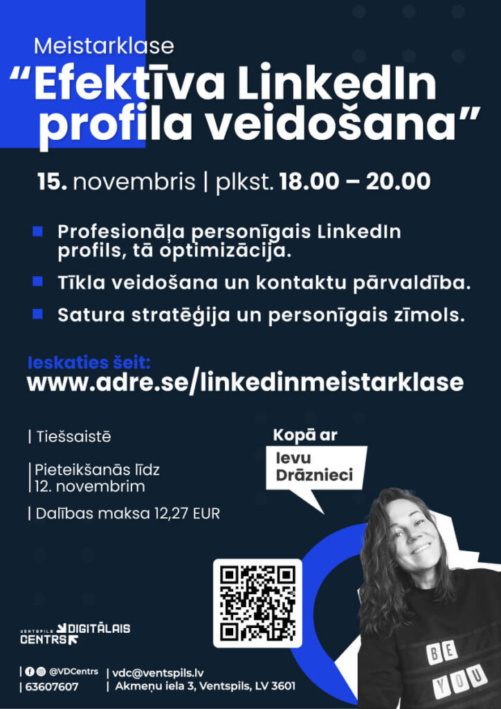 Ventspils Digitālais centrs aicina piedalīties tiešsaistes meistarklasē “Efektīva LinkedIn profila veidošana” 