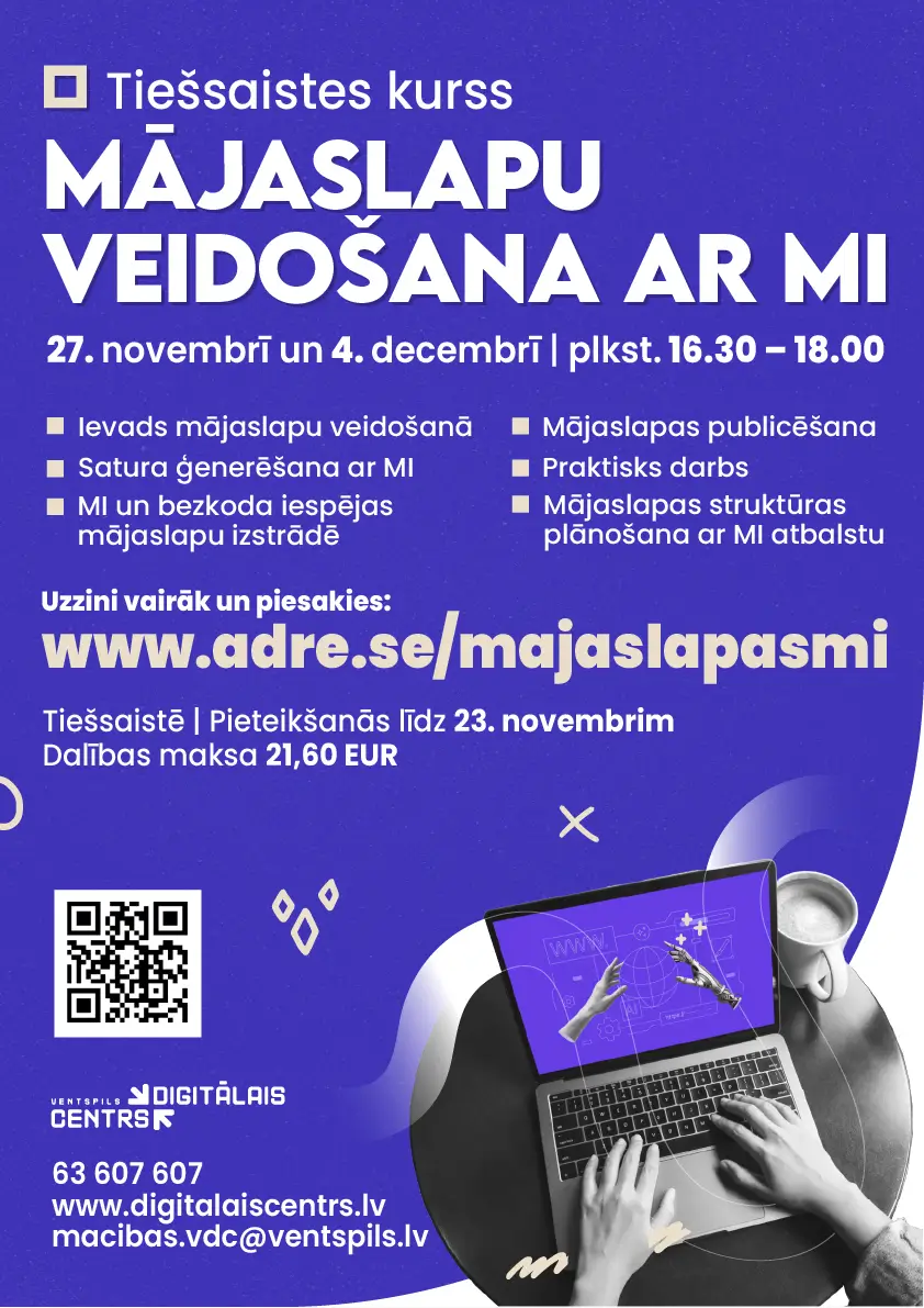 Tiešsaistes kursā varēs apgūt mājaslapu veidošanu ar mākslīgo intelektu